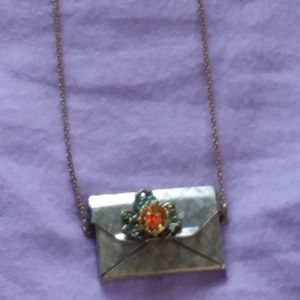 Silver Purse Necklace with Orange and Green Flower